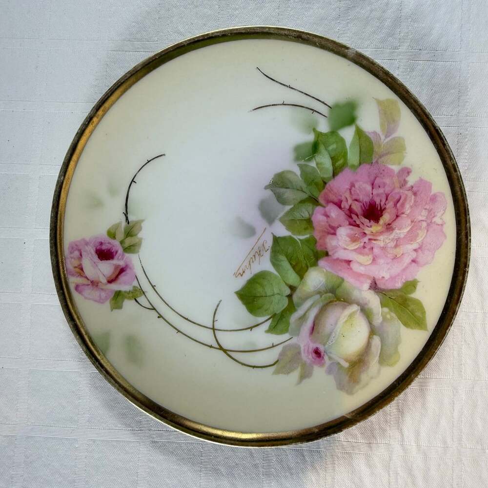 Royal Rudolstadt  Hand Painted Floral Porcelain Plate Pink Roses Gold Rim 6 in